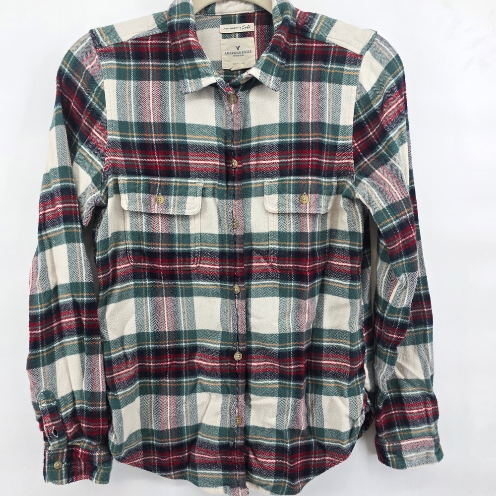 American Eagle Med Classic Fit Plaid Flannel Shirt Red Green Cream‎ Soft button